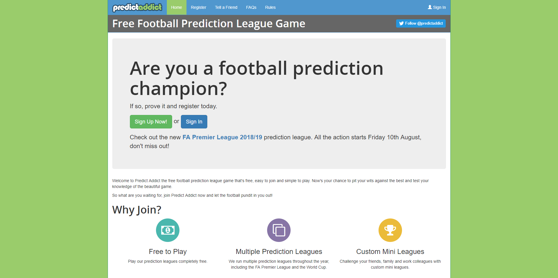 Free Online Football Prediction League Game Predict Addict